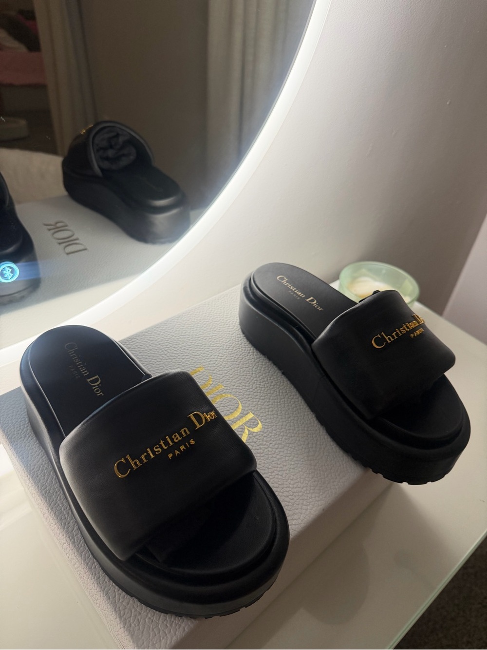 Dior Black Slide Mules with Gold Christian Dior Logo
